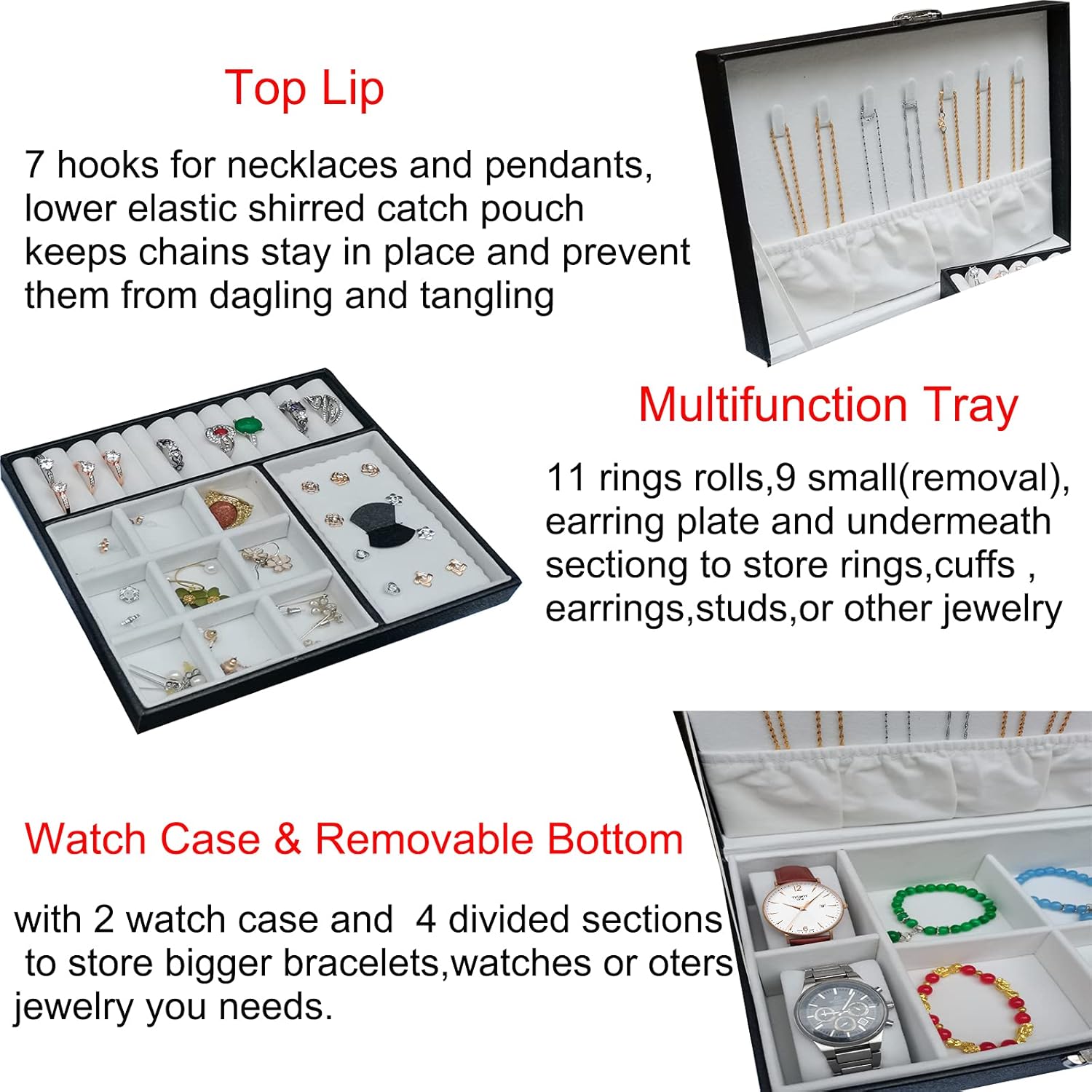 PUFIER Two Layer Senior Flannel Jewelry Organizer with 2 Watch Case Jewelry Box Waterproof Leather Jewelry Storage Case Necklace Rings Earings Display Holder for Women Girls gift: Home Improvement