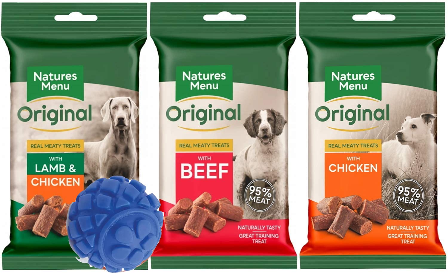 Natures Menu Original Real Meaty Treats (Chicken & Pork, Beef & Pork, Lamb, Chicken & Pork) 50g and Small Dog Toy Gift (may vary)