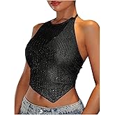 SweatyRocks Women's Sparkly Sequin Halter Crop Tops Tie Backless Party Cami Tops Clubwear