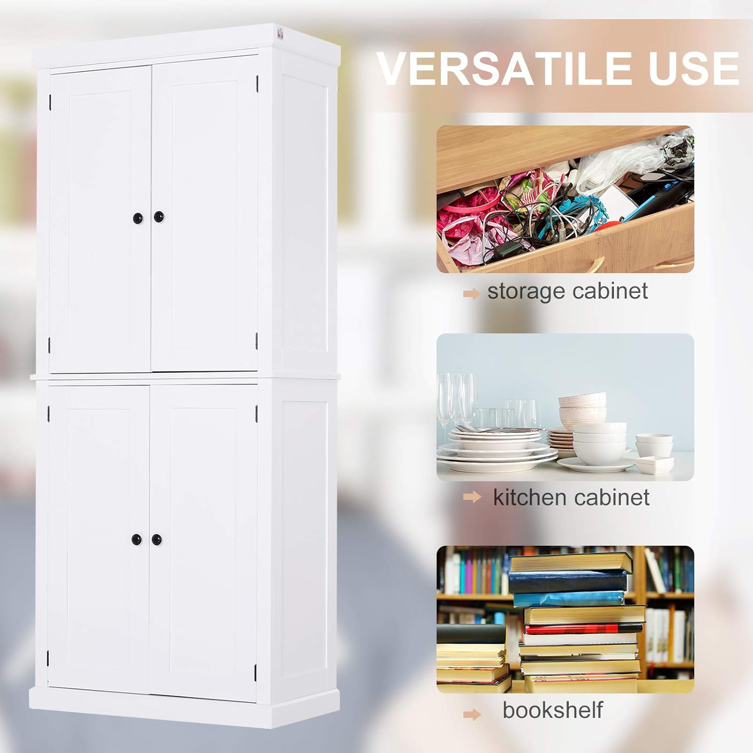 HOMCOM Traditional Farmhouse Freestanding Cupboard Kitchen Pantry with Two Storage Areas, Adjustable Shelving, White: Furniture & Decor