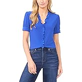 CeCe Women's Short Sleeve Button Ruffle Trim Top