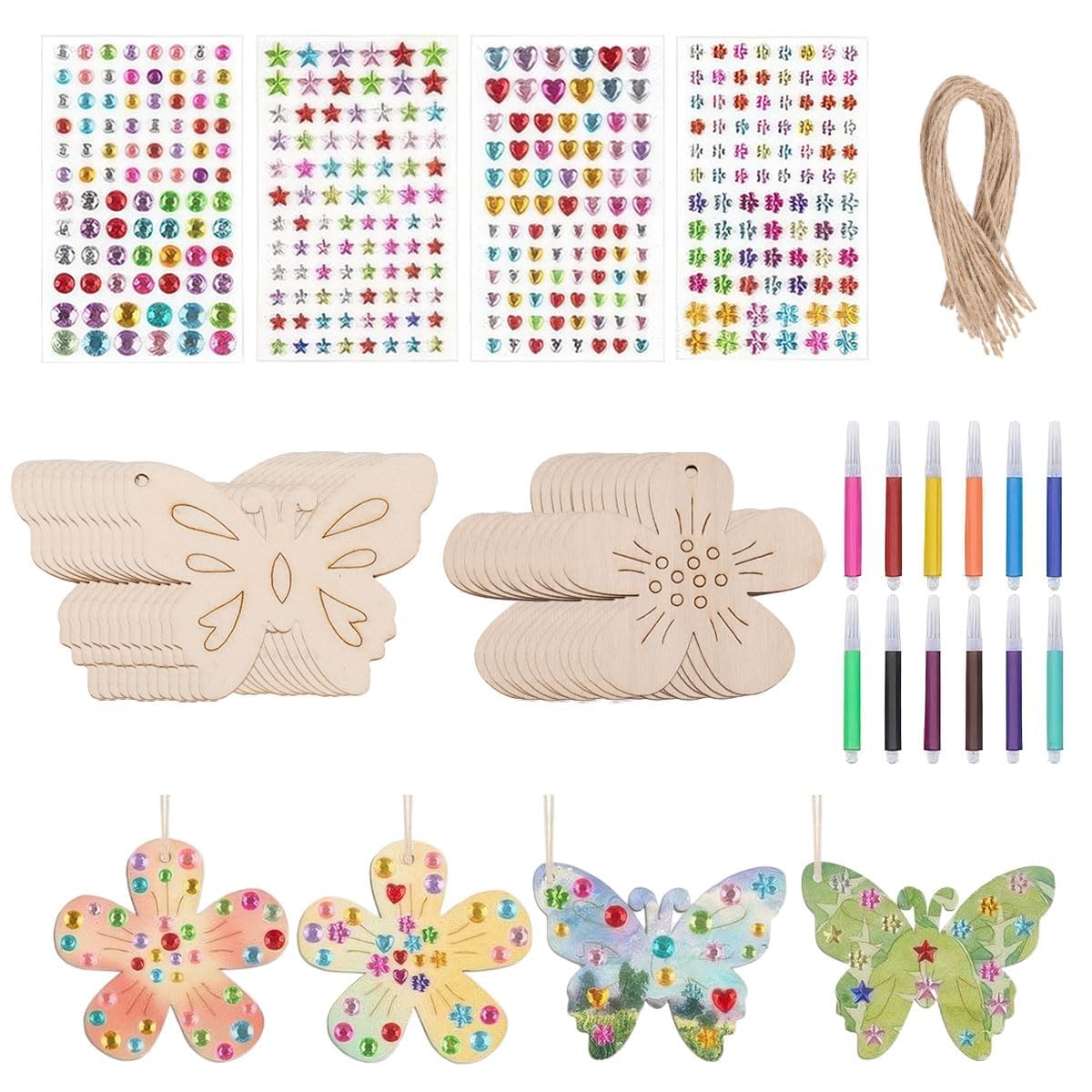40 Pieces DIY Wooden Crafts Kit with Butterfly and Flower Painting,Wooden Crafts Hanging Decoration with Watercolour Pens,Gemstone Stickers and String,Natural Wood Creative Crafts for DIY Art Projects