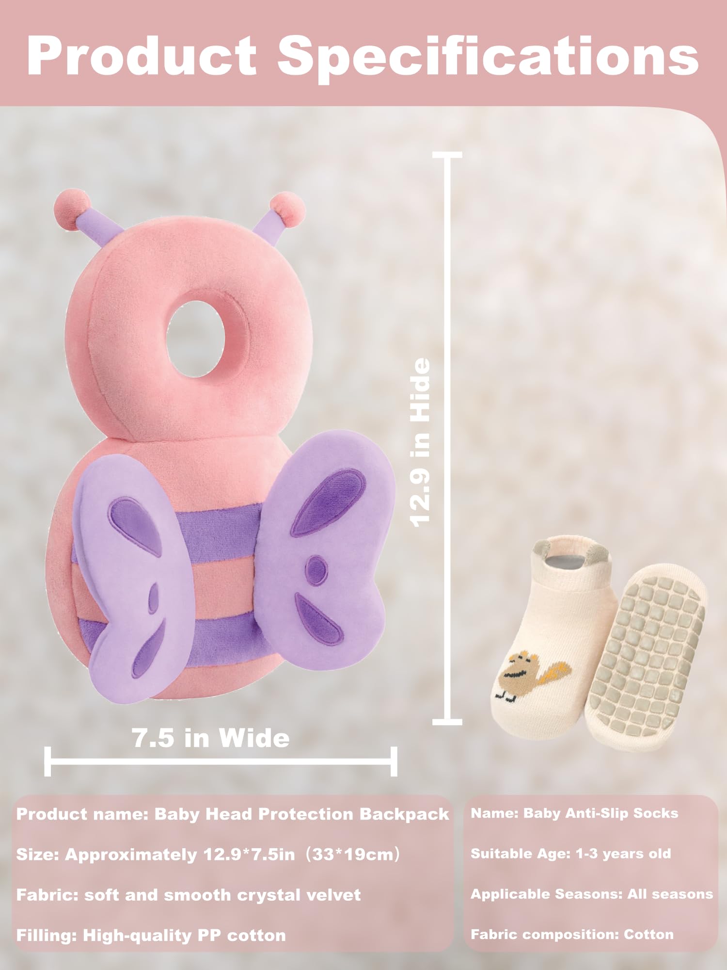 Baby Head Protector Backpack with Safety, Toddler Adjustable Head Protection for Baby Walking and Falling Crawling, 0.5-3 Years 6-36 Months, Pink Butterfly