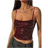 MakeMeChic Women's Y2K Sequin Tops Sparkly Beaded Top Glitter Concert Outfits Party Open Back Dressy Crop Tank Tops