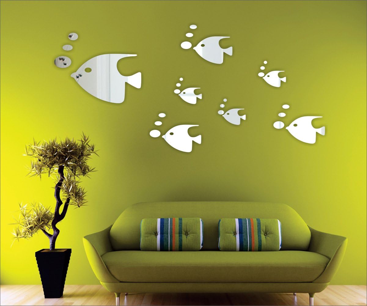 Atulya Arts Acrylic 3D Fishes Mirror Wall Sticker - Pack of 28 (7 Fishes and 21 dots) (Silver) Decorative Stickers for Home Bedroom