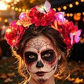 Dmaiy Day of the Dead Flower Headband Light Up Halloween Headbands | Led Floral Butterfly Crown Headband for Women and Men Dia de Muertos Mexican Costume Party Accessories Dress Up Decorations