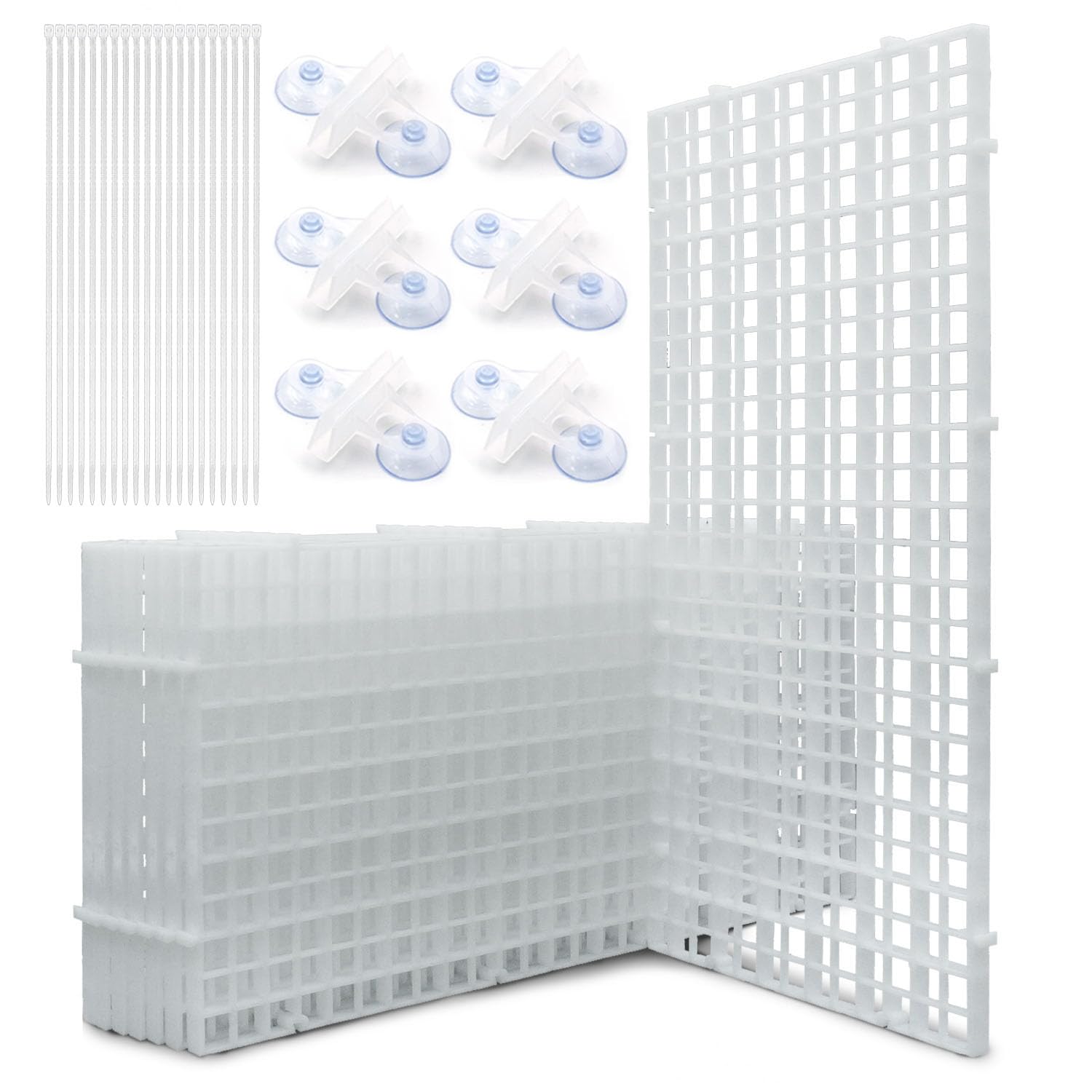 LINLAN Aquarium Fish Tank Dividers Set, 8 Pcs 15X30 cm Aquarium Grid Plastic with 6 Pcs Sucker Clips and 20 Pcs Cable Ties, Egg Crate for Fish Isolation(White)
