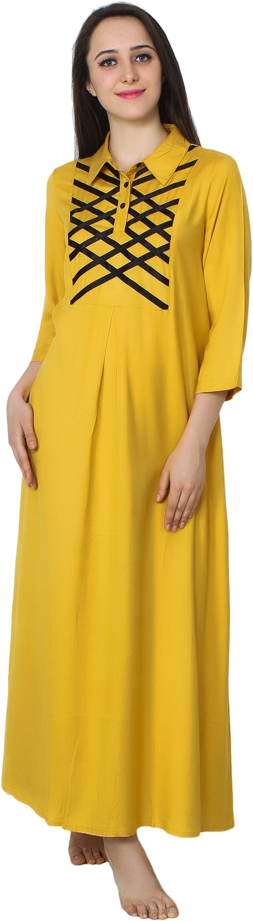 PATRORNA Antimicrobial Cotton Viscose Womens Blouseon Shirtdress Nighty/Night Gown/Night Dress (Mustard, Size S-10XL)