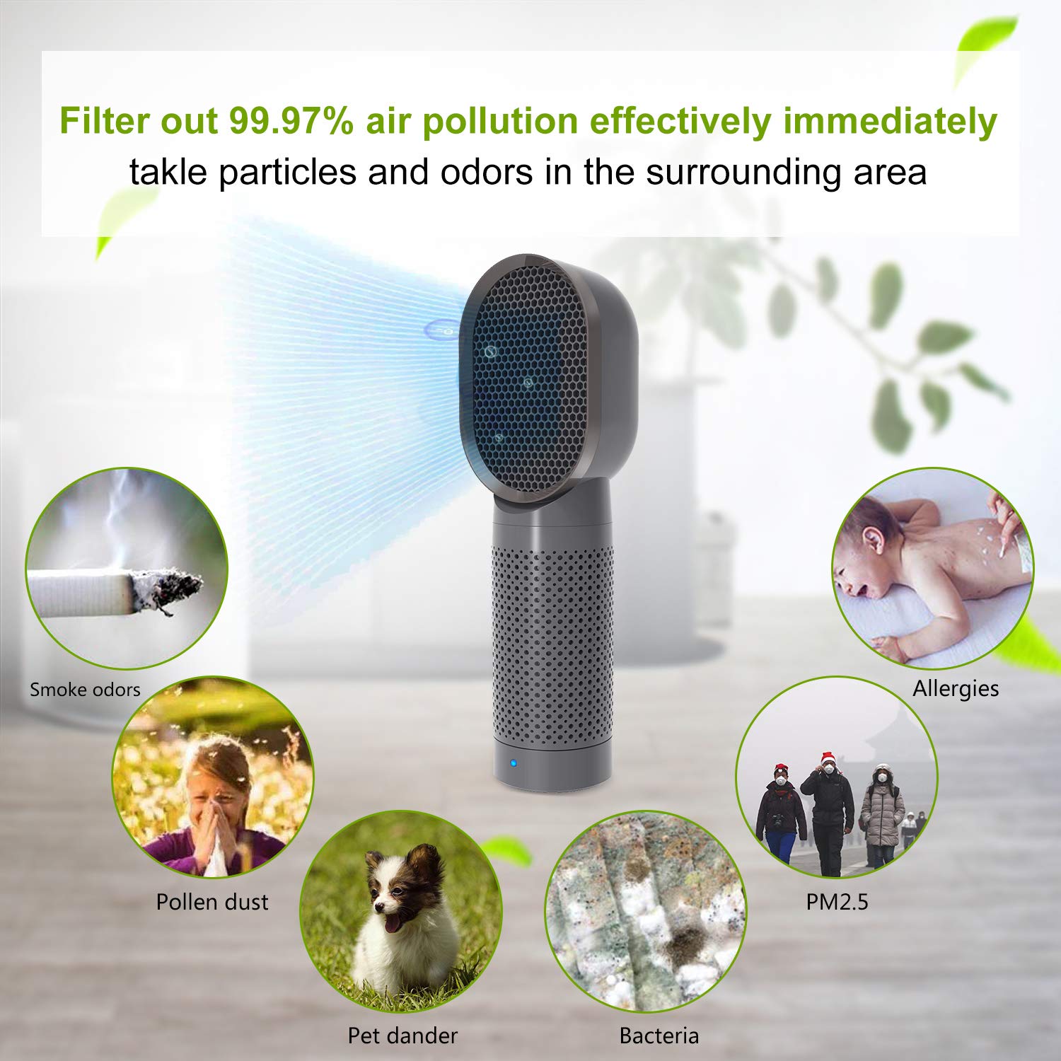 QUEENTY Desktop Air Cleaner with True HEPA Filter - Portable Air Purifier Odor Allergies Eliminator for Smoke, Dust, Home, Office and Pets (Dark Grey)