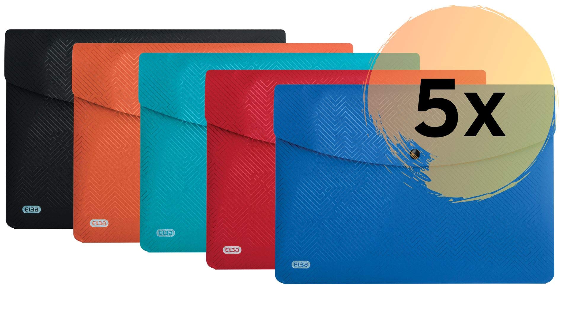 Elba Urban Opaque Plastic A4 Wallets with Rounded Corners and snap Fastening, Pack of 5, Assorted a4 Assorted Colours