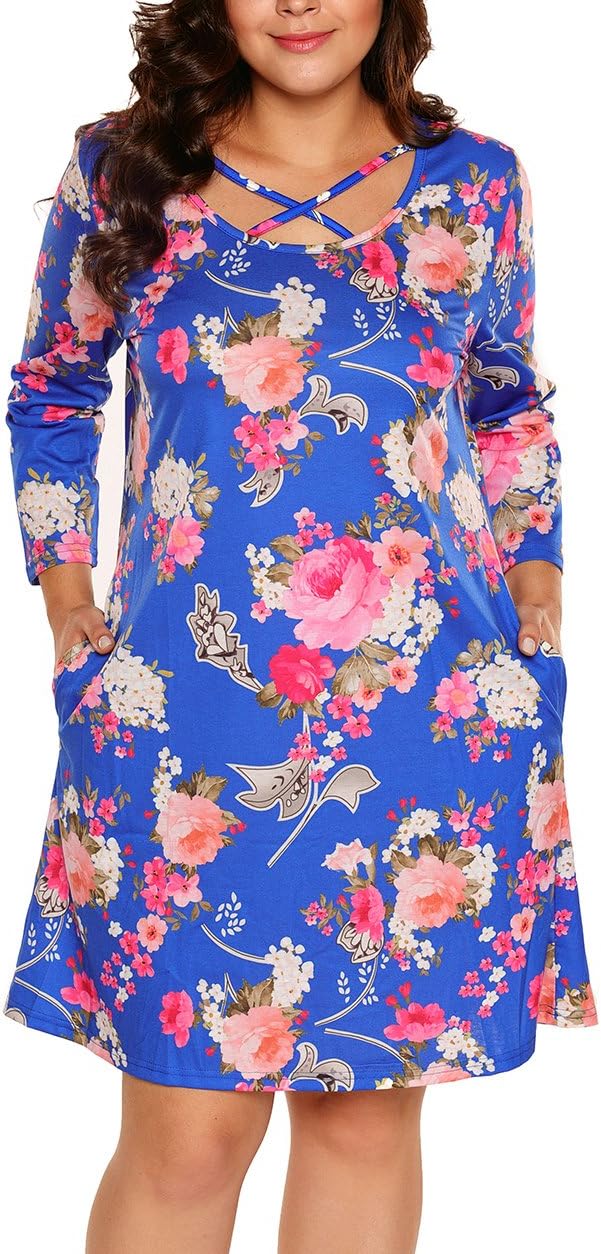 DH APPLE Women's Summer Dress Floral Printed Loose Dress Round Neck Casual Shift Dress Tunic Dress with Pockets Plus Size (XXXL, Blue)