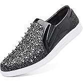 Trsorini Men's Glitter Spikes Loafers Sparkly Shiny Light-up Shoes Metal Rivet Soft Sneakers Male Shoes