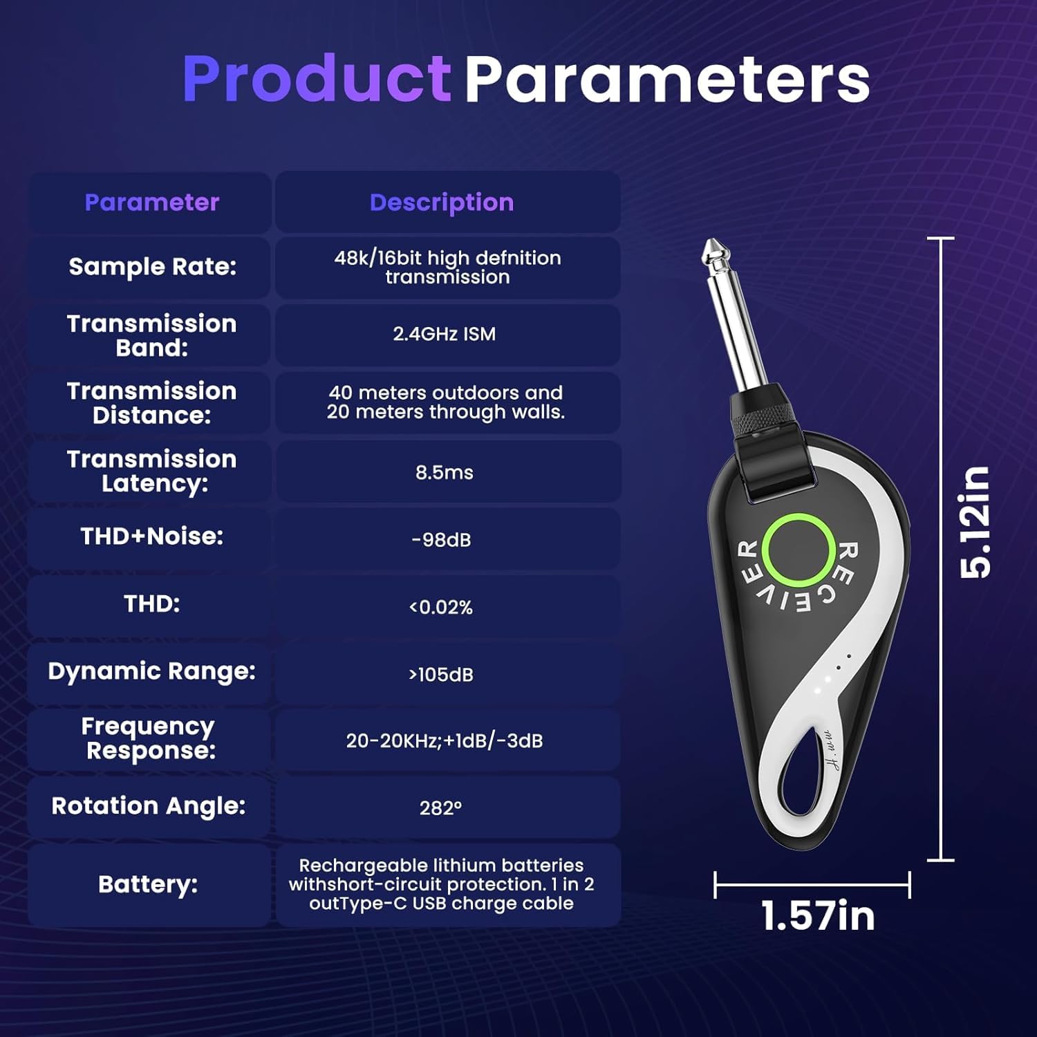 SolWoods Wireless Guitar System 2.4 GHz, Professional Starter Rechargeable Audio Wireless Guitar Transmitter Receiver for Guitar, Bass, Electronic Instruments (H1)