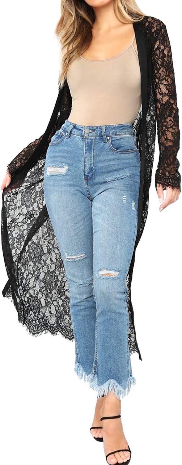 Women's Casual Lace Crochet Kimono Cardigan Bathing Suit Cover Up