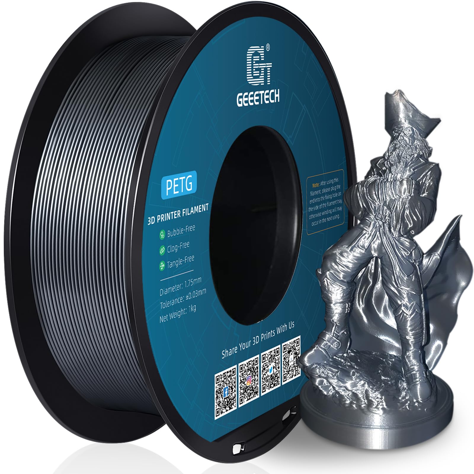Geeetech PETG Filament 1.75 mm PETG 1 kg Spool for 3D Printer, Silver