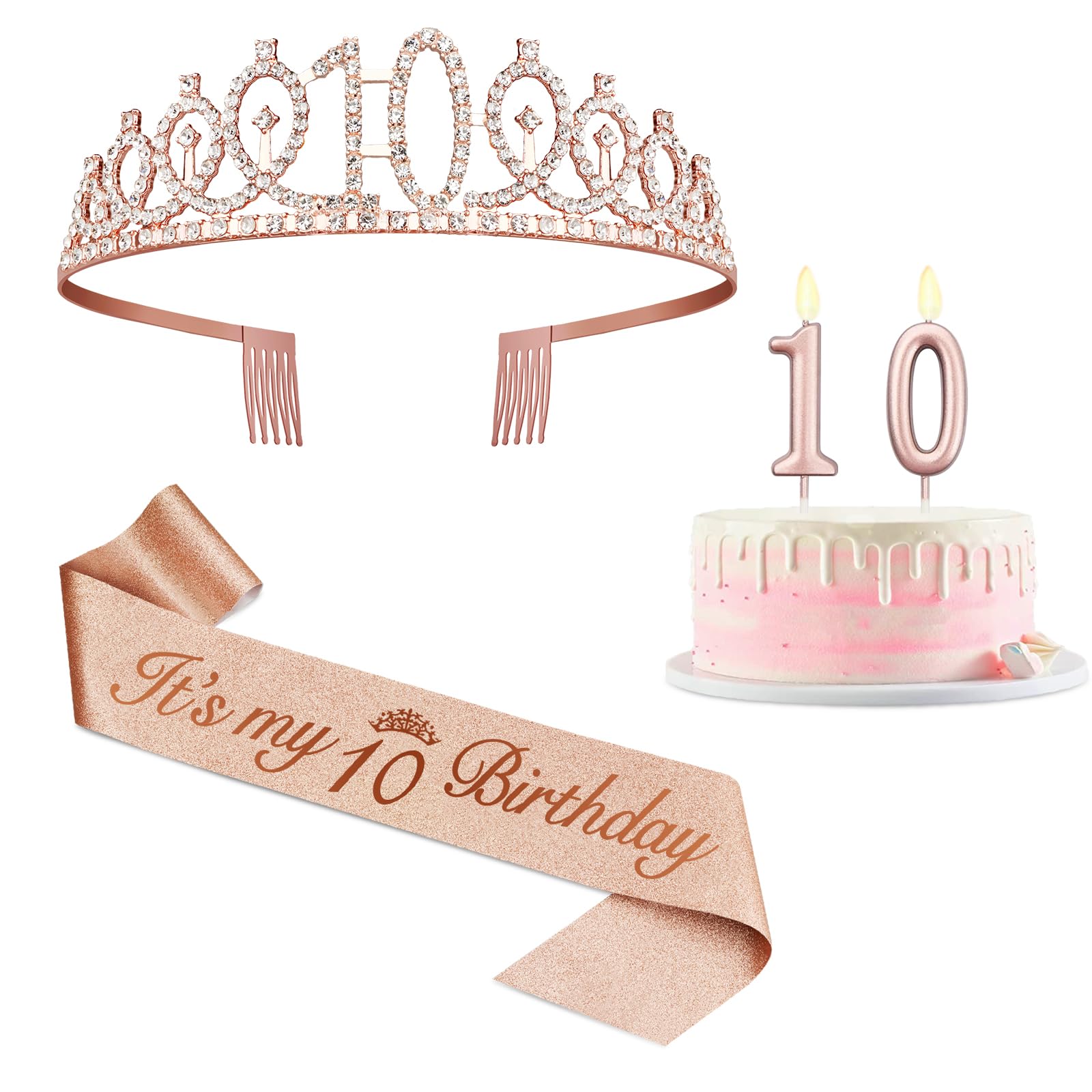 Photo 1 of 10th Birthday Decorations for Girls with Rose Gold Sash, Tiara,Numbers Candles, Sincere 10th Birthday Gifts for Girls
