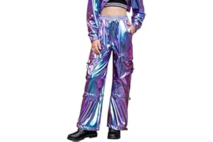 Perfashion Cargo Pants for Girls Hip Hop Dance Metallic Y2K Neon Drawstring Parachute Wide Leg Jogger 4-13Y
