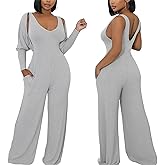 Women's Casual 2 Piece Outfits Ribbed Knitted Batwing Long Sleeve Cardigan Tank Wide Leg Jumpsuits Sets With Pocket