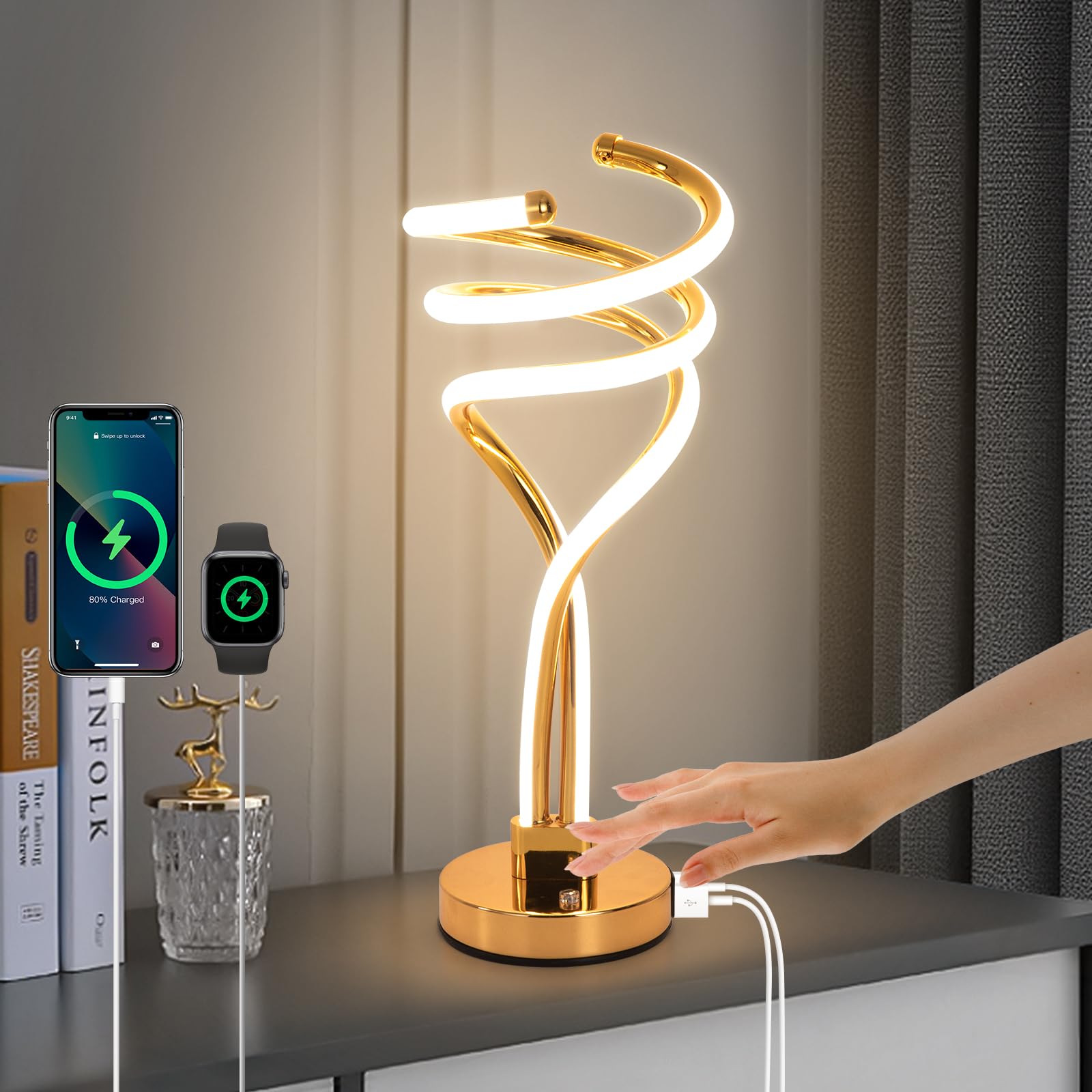 Photo 1 of ElDISUNY Modern LED Table Lamp, 3 Color Temperatures,Touch Control CurveDimmable Bedside Table Lamps with USB Ports, Touch Control LED NightstandLamp, Desk Lamp for Living Room, Bedroom (Gold)