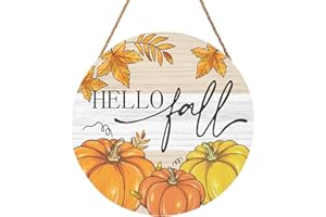 HAROONI Hello Fall Welcome Sign Door Sign 12"x12" Fall Door Decorations Hanging Sign Farmhouse Pumpkin Round Wooden Sign for Home Front Door Wall Porch Yard Garden