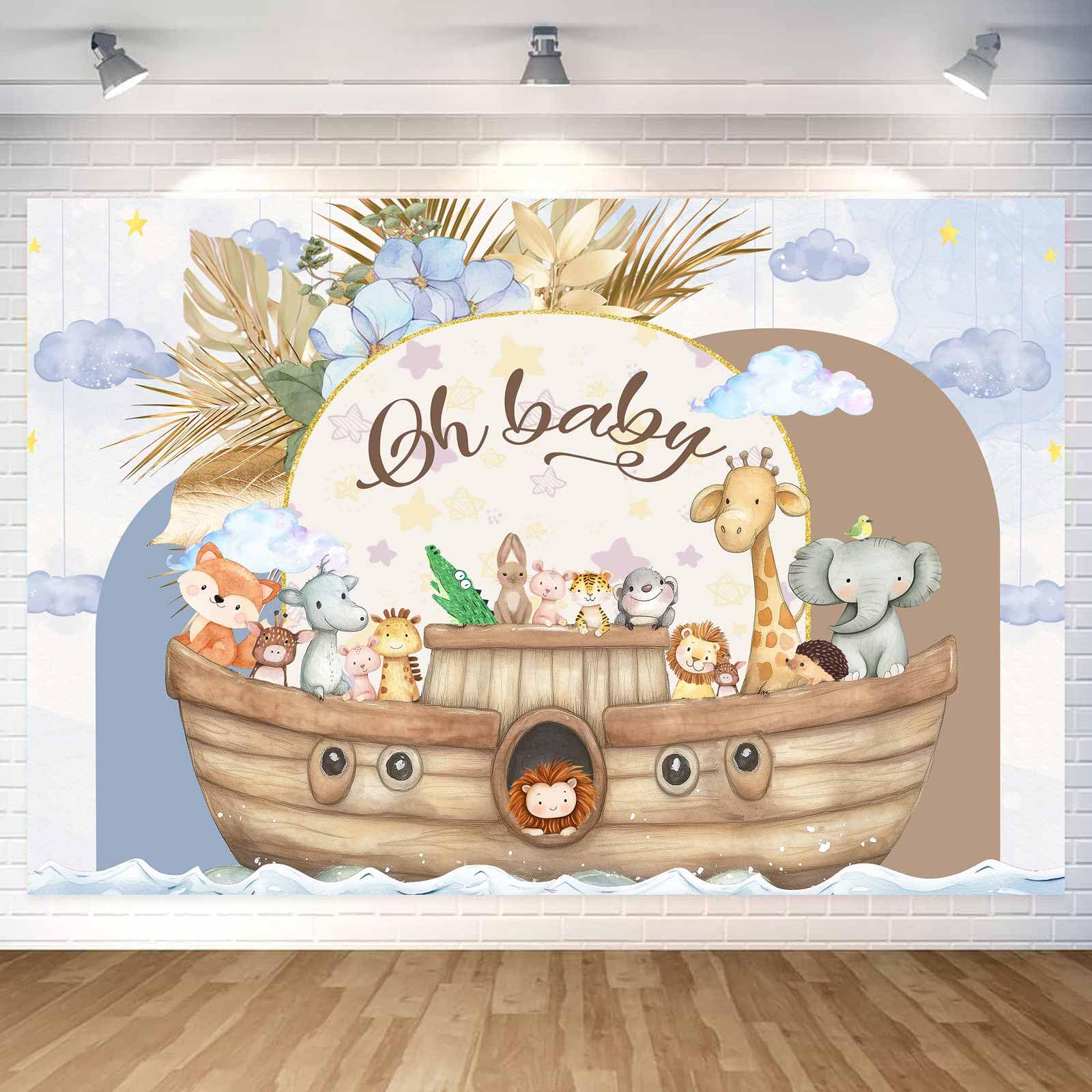 Photo 1 of 10X8ft Noah's Ark Baby Shower Photo Backdrop Photography Background, Oh Baby Boho Cartoon Animal Woodland Ocean Newborn Kid Party Backdrops Photo Booth Prop Decorations Wall Decor Tablecloth