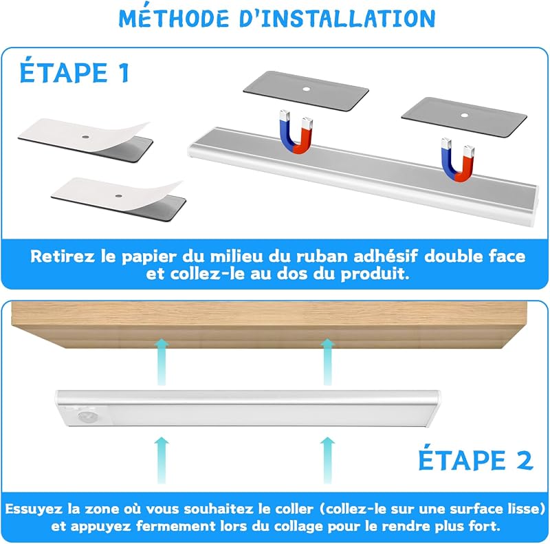 Reglette Led Sous Meuble Cuisine 24cm, 6500k Lumière avec Detecteur De Mouvement Interieur, 1500mAh Lampe Rechargeable USB, Adaptée pour Placard Veilleuse Escalier Couloir (2 Pack)