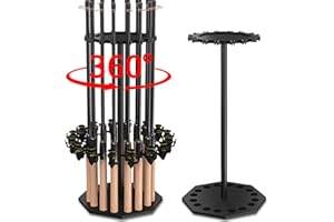 XIGOO Fishing Rod Holder Wood, Holds Up to 16 Rods or Combos, 360° Spinning Fishing Pole Holder for Garage, Fishing Gear Storage Organization, Fishing Accessories, Ideal Fishing Buddy Gift