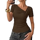 ZESICA Womens Summer Asymmetrical T Shirts Ruched Fitted Short Sleeve Y2K Going Out Tops 2026 Spring Fashion Vacation Outfits