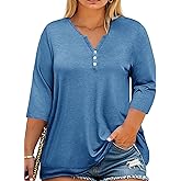 Beautife Womens Plus Size T-Shirts V Neck 3/4 Sleeve Tops Fall Henley Shirts Casual Basic Loose Fit Blouses
