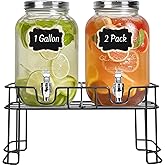 DHSBTLS 1 Gallon Glass Drink Dispensers, 2 Pack Clear Beverage Dispenser for Party, BBQ and Picnic, Juice Dispenser with Ice Core, Black Stand, Spigot, Markers and Chalkboard