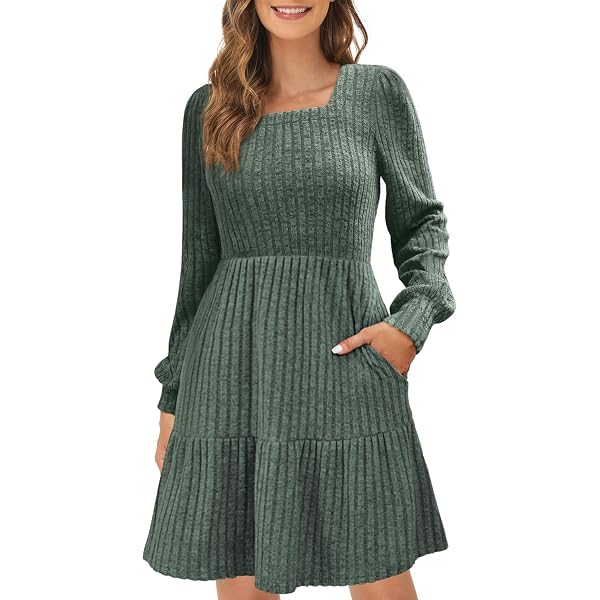 ZENUTA Green Square Neck Long Sleeve Maxi Dress For Women - Winter Casual Polyester Cotton Blend