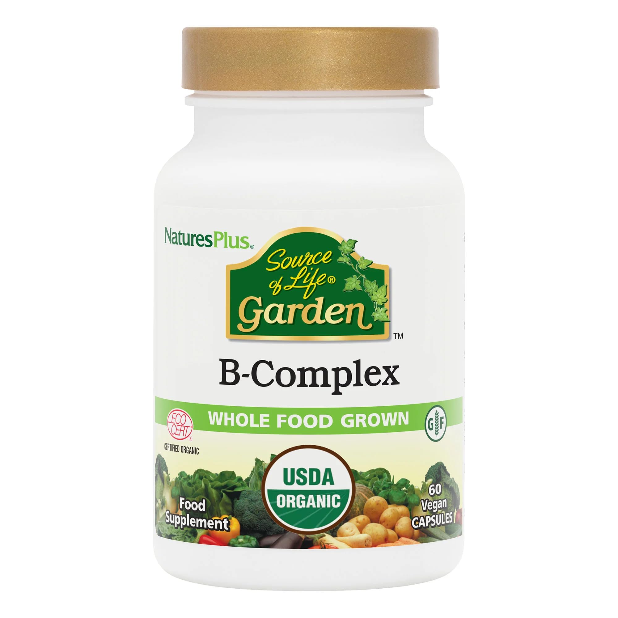NaturesPlus Source of Life Garden Vegan Organic B Complex Supplement - Folate, Biotin, Methylcobalamin – Natural Plant-Based Vitamins - Energy, Immune, Skin, Metabolism – Gluten Free, 60 Capsules
