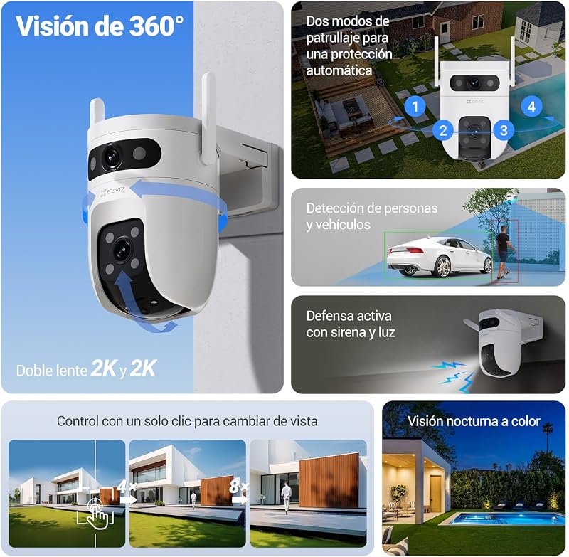 C9C Cámara de Vigilancia Exterior 2K con Doble Lente (3MP+3MP), Cobertura 360°, Visión Nocturna en Color, IA Detección de Personas y Vehículos, Audio Bidireccional, Compatible con Alexa