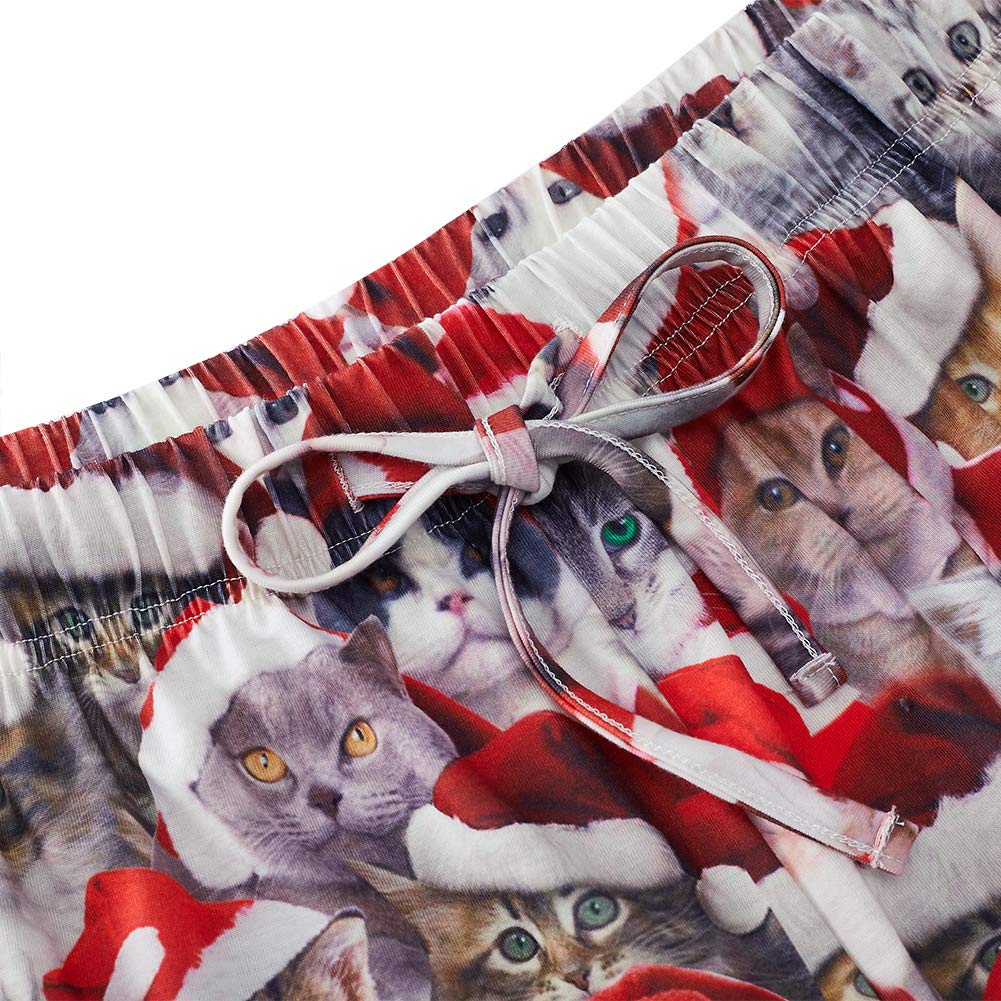RAISEVERN Weiche Schlafanzughose Niedliche Weihnachtskatze Gedruckt Unterseiten Weihnachtsmütze Muster Schlaf Pjs Taschen Kordelzug Loungewear Hosen Geschenk für Teen Ehemann Freund