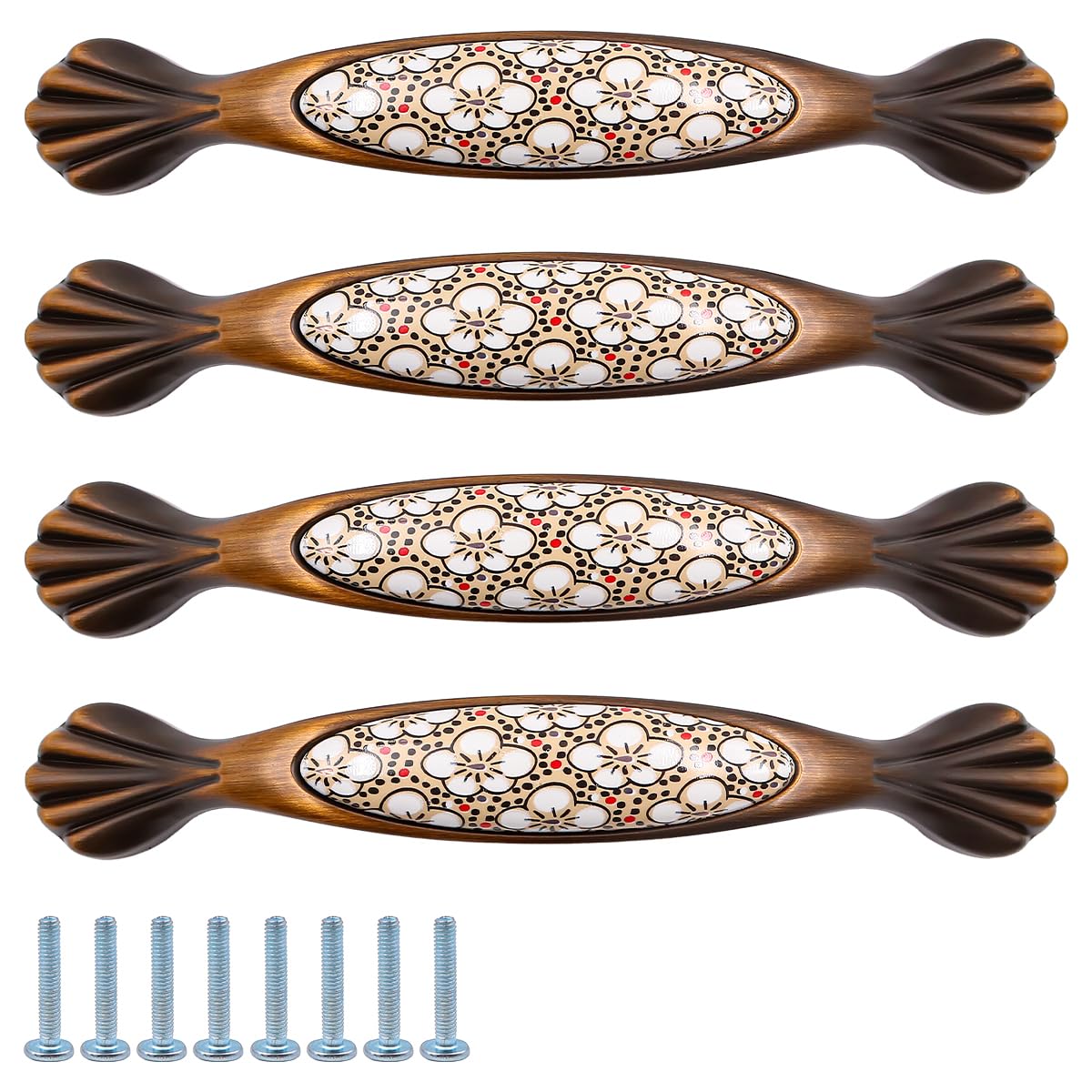 ZONADAH Set of 4 Traditional Drawer Cabinet Ceramics Handle, Hole Distance 128mm, Furniture Door Pull Handles, Antique Handle, Drawer, Door, Cupboards, Bathroom, Kitchen, Dasy Pattern