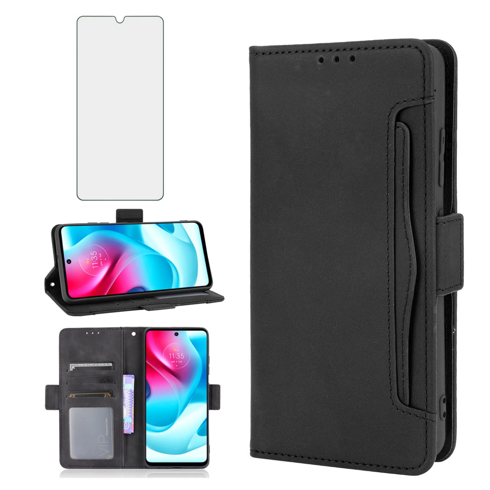 Asuwish Compatible with Motorola Moto G60S Wallet Case and Tempered Glass Screen Protector Card Holder Credit ID Slot Flip Cell Accessories Phone Cover for MotoG60S G 60S Women Men Black