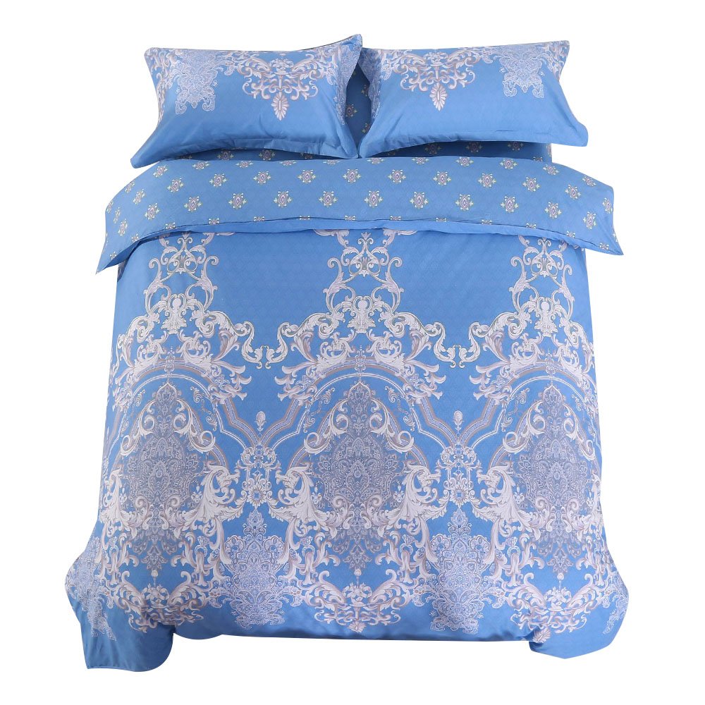 3-Piece Duvet Cover Set, Bohemian Style 100% Cotton Blue Floral Pattern Bedding Quilt Set (90\
