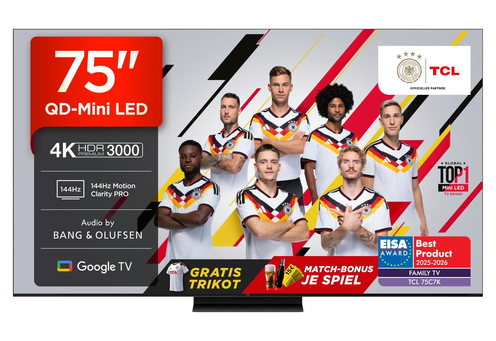 TCL 75C7K 75 Zoll QD-Mini LED Fernseher, 4K HDR Premium 3000, Smart Google TV mit 144Hz Motion Clarity Pro (Dolby Vision IQ & Atmos, CrystGlow HVA Panel)