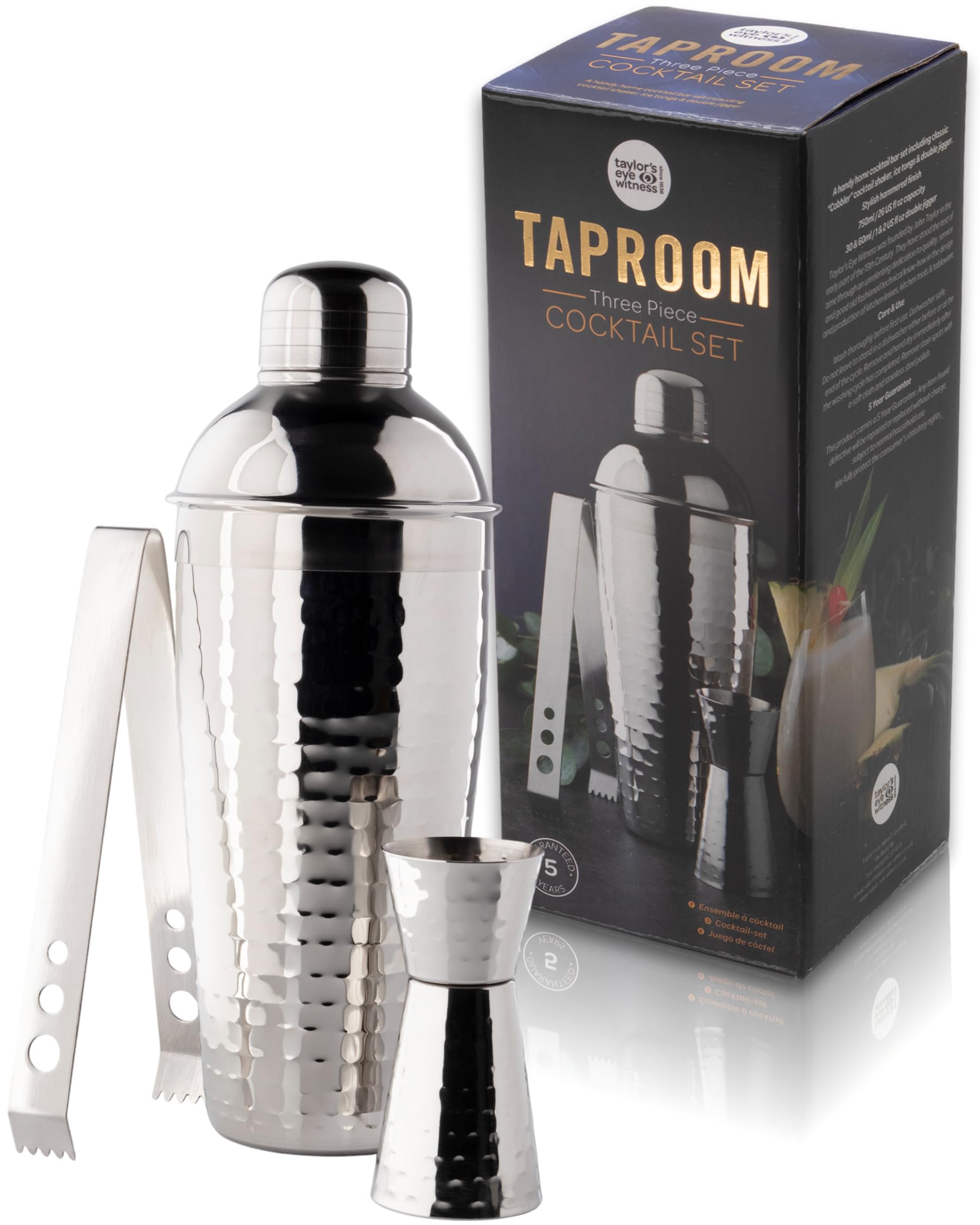Taylor's Eye Witness Taproom 3pcs Silver Coloured Hammered Stainless-Steel Cocktail Shaker Set - Includes 500ml (17.5fl oz) Metal Cobbler Shaker, 25ml/40ml Double Jigger & Ice Tongs.