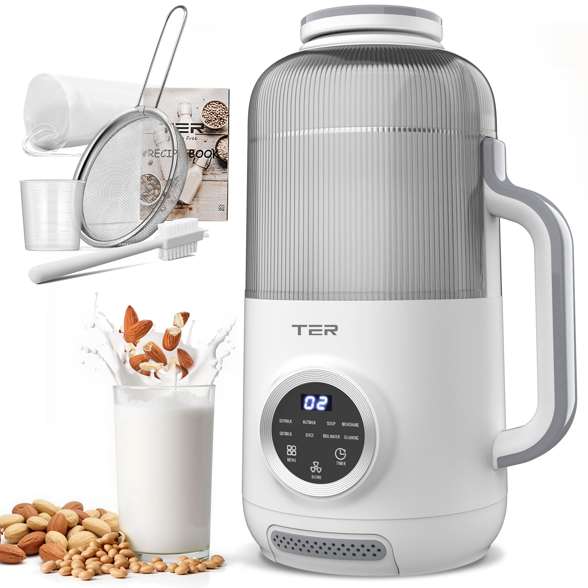 Máquina para hacer leche de nueces 10 en 1, máquina eléctrica para hacer leche de frijoles y nueces, licuadora para hacer leche de soja de 40 oz para almendras, avena, soja, coco, jugo, batido con inicio retardado/hervir agua/mantener caliente/limpieza automática, color blanco