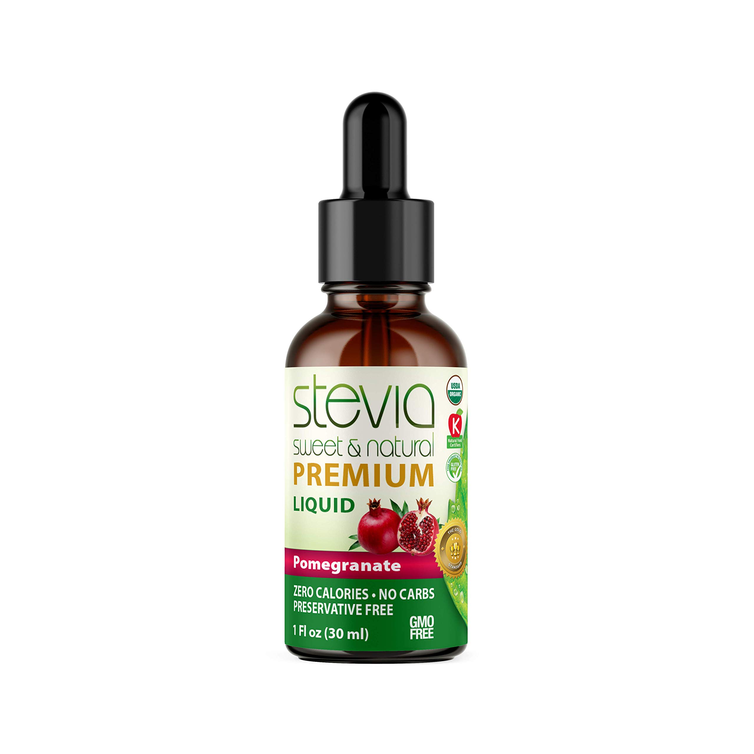 Pomegranate Premium Quality Stevia Drops | Organic Liquid Stevia | Best Sugar Substitute | 100% Pure Extract | All Naturally Sweet | Non-Bitter, 0 Calorie, NON-GMO, Diabetic & Keto Friendly (1oz)USDA Organic