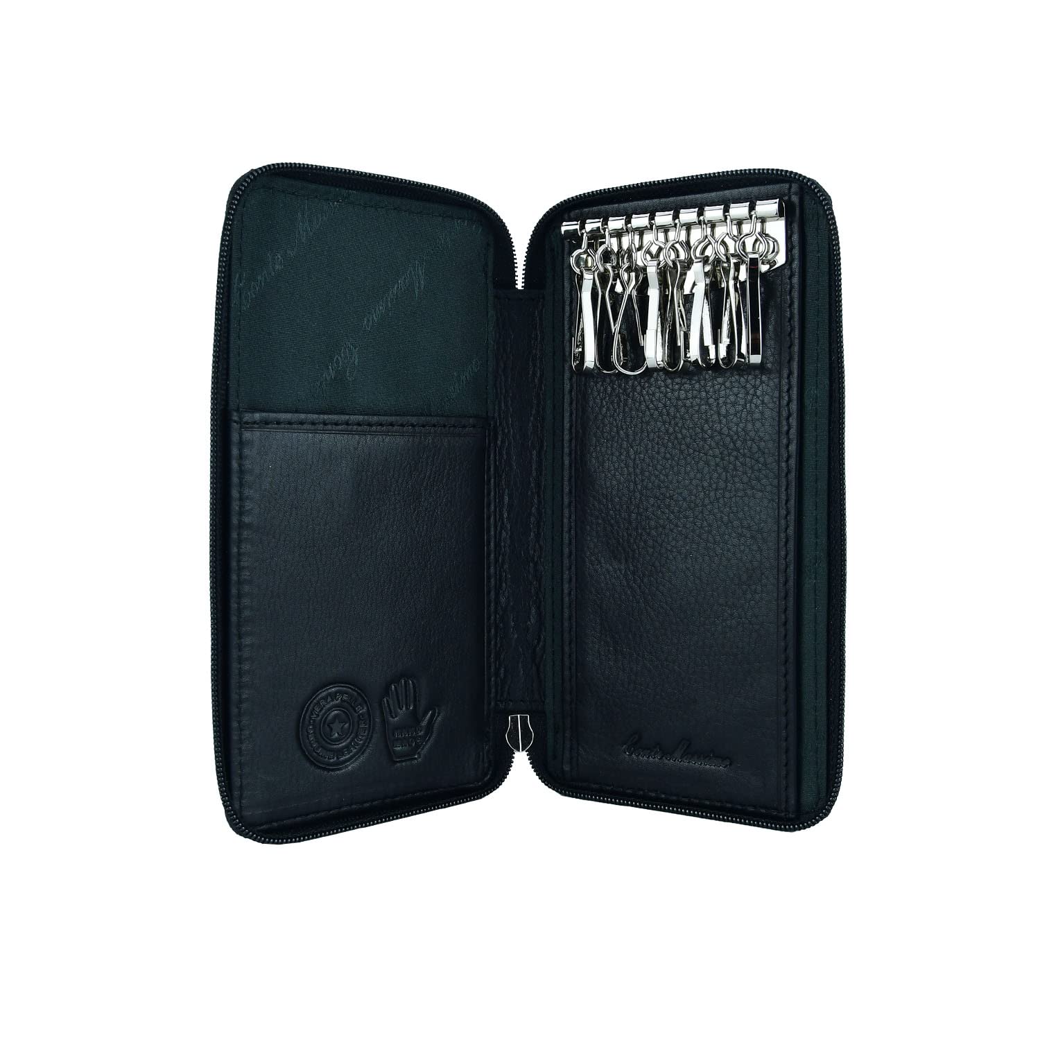 CM Conte Massimo Genuine Leather Key Organiser for Men & Women – Zip-Around Case with 8 Hooks & Card Slots, Black