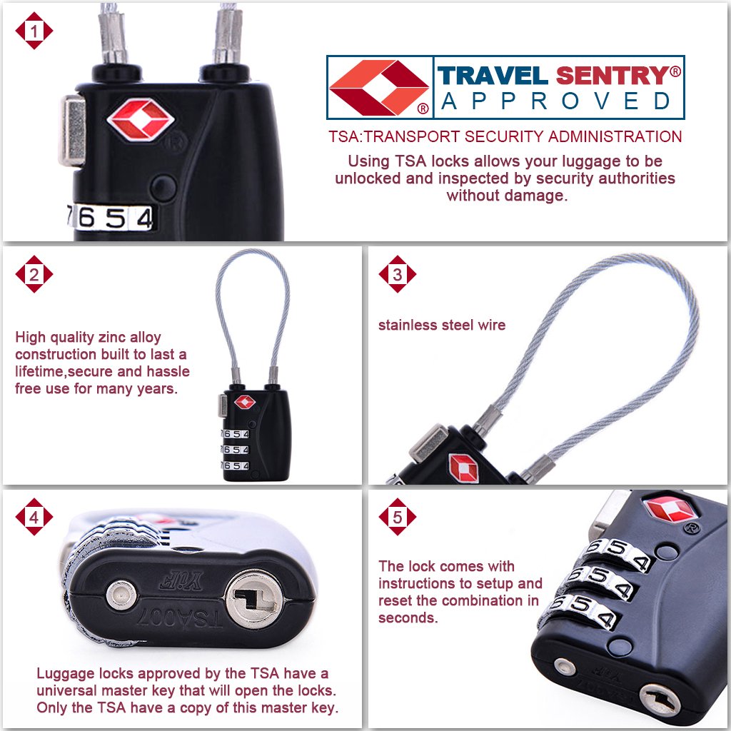 Wandf TSA Luggage Lock 3 Digit Combination Padlock Security, Also for Backpack, Travel Bag, Gym Locker