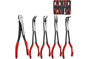 HAUTMEC 11Inch Extra Long Needle Nose Pliers Set, 5PCS Spring Loaded Heavy Duty Long Reach Pliers Include Hose Grip and Diagonal Cutting Plier, Straight and 45/90 Degree Bent Nose Pliers