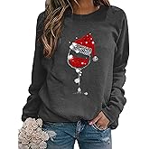 kecukqay Women Christmas Sweatshirt Funny Red Wine Glass Christmas Shirt Xmas Santa Hat Graphic Pullover Blouse Tops