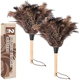 Ostrich Feather Dusters with Wood Handle，Reusable Feather Duster, Ostrich Feather Dusters for Cleaning, Home, Office, Car(Length13&rdquo;,2pcs)