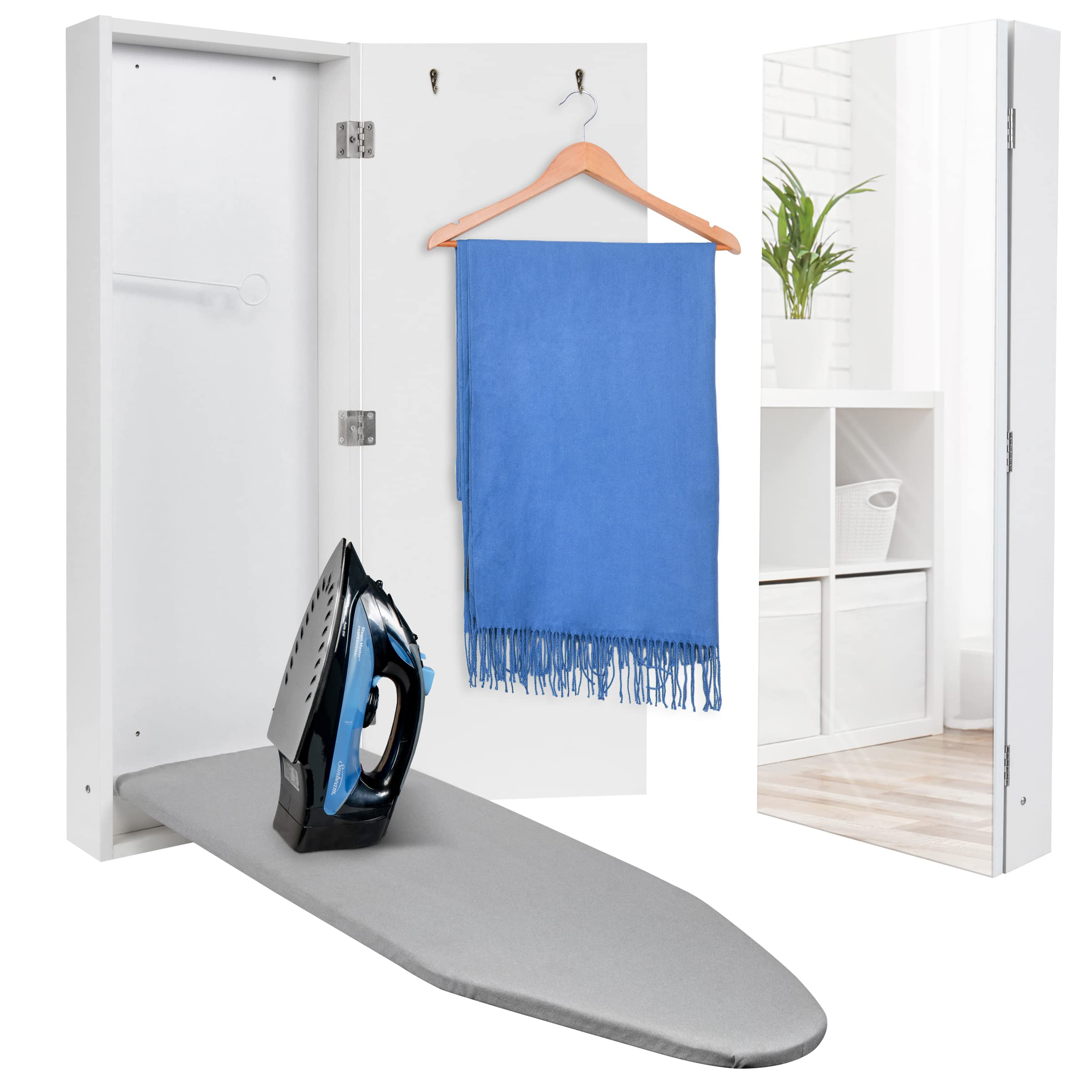 Ivation Wall-Mounted Ironing Board Cabinet, Foldable Ironing Storage Station for Home, Apartment, Easy-Release Lever, Garment Hooks, with Full Mirror Door, White