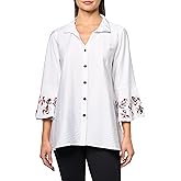 MULTIPLES Three Quarters Flounce Wire Collar Y-Neck Button Front Shirt with Embroidery