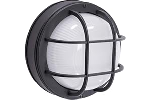 CORAMDEO Outdoor 8” Round LED Nautical Bulkhead Light, Flush Mount for Wall or Ceiling, Wet Location, 75W of Light, 900 Lumens, 3K, Black Cast Aluminum with Frosted Glass Lens