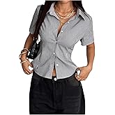 MakeMeChic Women's Plaid Gingham Button Down Shirt Short Sleeve Going Out Blouse Tops